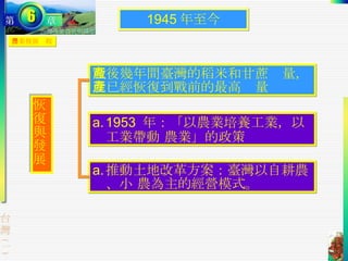 農業發展歷程 1945 年至今 恢復與發展  戰後幾年間臺灣的稻米和甘蔗產量，就已經恢復到戰前的最高產量 推動土地改革方案：臺灣以自耕農、小 農為主的經營模式。  1953  年：「以農業培養工業，以工業帶動 農業」的政策 