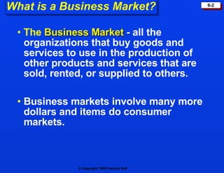 What is a Business Market? The  Business Market  -  all the organizations that buy goods and services to use in the production of other products and services that are sold, rented, or supplied to others. Business markets involve many more dollars and items do consumer markets. 