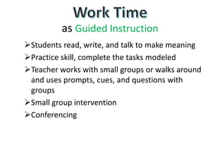 as Guided Instruction
Students read, write, and talk to make meaning
Practice skill, complete the tasks modeled
Teacher works with small groups or walks around
and uses prompts, cues, and questions with
groups
Small group intervention
Conferencing
 