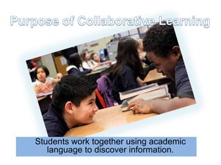 Students work together using academic
language to discover information.
 
