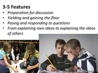 3-5 Features
• Preparation for discussion
• Yielding and gaining the floor
• Posing and responding to questions
• From explaining own ideas to explaining the ideas
of others
 