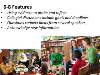 6-8 Features
• Using evidence to probe and reflect
• Collegial discussions include goals and deadlines
• Questions connect ideas from several speakers
• Acknowledge new information
 