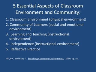 5 Essential Aspects of Classroom
Environment and Community:
1. Classroom Environment (physical environment)
2. Community of Learners (social and emotional
environment)
3. Learning and Teaching (instructional
environment)
4. Independence (instructional environment)
5. Reflective Practice
Hill, B.C, and Ekey, C. Enriching Classroom Environments, 2010, pg. xiv
 