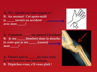 A: 911. Quelle est votre urgence ?
B: Au secours! Cet après-midi
je      (avoir) un accident
avec mon        !


A: Comment           (se passer) l’accident?
B: Je me         (tomber) dans la douche.
Je crois que je me        (casser)
mon        !


A: Désolé que tu        (se faire mal).
Je vais envoyer une ambulance.
B: Dépêchez-vous, s’il vous plaît !
 