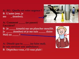 A: 911. Quelle est votre urgence ?
B: L’autre jour, je
me      (tomber).

A: Comment           (se passer)
l’accident?
B: Je       (courir) sur un plancher mouillé.
Je       (tomber) et je me suis       (faire
Mal) au        !


A: Désolé que tu        (se faire mal).
Je vais envoyer une ambulance.
B: Dépêchez-vous, s’il vous plaît !
 