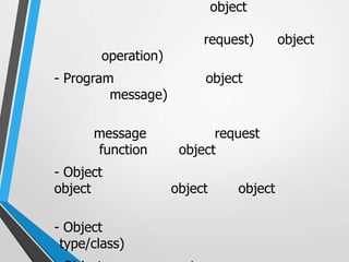 object

                          request)         object
        operation)
- Program                 object
         message)

      message               request
      function        object
- Object
object               object       object

- Object
 type/class)
 
