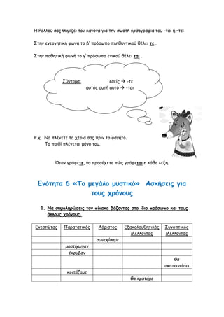 Η Ραλλού σας θυμίζει τον κανόνα για την σωστή ορθογραφία του -ται ή –τε:
Στην ενεργητική φωνή το β’ πρόσωπο πληθυντικού θέλει τε .
Στην παθητική φωνή το γ’ πρόσωπο ενικού θέλει ται .
π.χ. Να πλένετε τα χέρια σας πριν το φαγητό.
Το παιδί πλένεται μόνο του.
Όταν γράφετε, να προσέχετε πώς γράφεται η κάθε λέξη.
Ενότητα 6 «Το μεγάλο μυστικό» Ασκήσεις για
τους χρόνους
1. Να συμπληρώσεις τον πίνακα βάζοντας στο ίδιο πρόσωπο και τους
άλλους χρόνους.
Ενεστώτας Παρατατικός Αόριστος Εξακολουθητικός
Μέλλοντας
Συνοπτικός
Μέλλοντας
συνεχίσαμε
μαστίγωναν
έκρυβαν
θα
σκοτεινιάσει
κοιτάζαμε
θα κρατάμε
Σύντομα: εσείς  -τε
αυτός αυτή αυτό  -ται
 