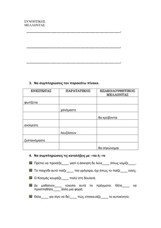 ΣΥΝΟΠΤΙΚΟΣ
ΜΕΛΛΟΝΤΑΣ
3. Να συμπληρώσεις τον παρακάτω πίνακα.
ΕΝΕΣΤΩΤΑΣ ΠΑΡΑΤΑΤΙΚΟΣ ΕΞΑΚΟΛΟΥΘΗΤΙΚΟΣ
ΜΕΛΛΟΝΤΑΣ
φωτίζεται
χανόμαστε
θα κρύβονται
ανοίγεστε
λουζόσουν
ζεσταινόμαστε
θα σηκώνομαι
4. Να συμπληρώσεις τις καταλήξεις με –ται ή –τε
Πρέπει να προσέξε____ γιατί η άσκηση δε λύνε____ όπως νομίζε____.
Το παιχνίδι αυτό παίζε____ πιο γρήγορα, όχι όπως το παίζε____ εσείς.
Ο Κοσμάς κουράζε____ πολύ στη δουλειά.
Δε μαθαίνον____ εύκολα αυτά τα πράγματα. Θέλε____ να
προσπαθήσε____ άλλη μια φορά;
Θέλε____ για λίγο να δεί____ πώς επισκευάζε____ το αυτοκίνητο;
 