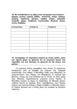 14. Να τοποθετήσετε τις λέξεις στην κατηγορία που ανήκουν:
ζάχαρη, γλυκός, ωραίος, βαθύς, σκοτεινός, παίζω, αράχνη,
μαύρος, πράσινος, ήσυχος, καρδιά, κλάμα, τραγούδι,
παιχνίδι, τρέχω, ανεβαίνω, σκοτεινιάζω, δουλειά, άλογο,
πεινώ, διαβάζω.
ΟΥΣΙΑΣΤΙΚΑ ΕΠΙΘΕΤΑ ΡΗΜΑΤΑ
15. Ξαναγράφω το παρακάτω κείμενο με τέτοιο τρόπο, ώστε
την πρώτη φορά να φαίνεται ότι τα γεγονότα έγιναν στο
παρελθόν και στο δεύτερο να φαίνεται ότι θα γίνουν στο
μέλλον:
Ο περσικός στόλος καταφθάνει στην Αττική. Οι στρατιώτες
κατεβαίνουν από τα καράβια και στήνουν ένα πρόχειρο
στρατόπεδο. Στην Αθήνα, ο Μιλτιάδης πείθει τους Αθηναίους να
αντιμετωπίσουν τους Πέρσες στο Μαραθώνα. Η περιοχή έχει
βάλτους, πέτρες και είναι δύσκολη για το ιππικό. Σε λίγες μέρες
λίγοι Αθηναίοι παρατάσσονται μπροστά στους Πέρσες. Ο
Μιλτιάδης ενισχύει τις άκρες τις παράταξης. Οι Αθηναίοι κάνουν
επίθεση πρώτοι με τρεχάλα. Έτσι, προλαβαίνουν τους Πέρσες
τοξότες πριν αυτοί χτυπήσουν. Μέχρι το βράδυ, οι Αθηναίοι νικούν.
Οι Πέρσες φεύγουν και ο Ιππίας χάνει την ευκαιρία να ξαναγίνει
τύραννος.
 