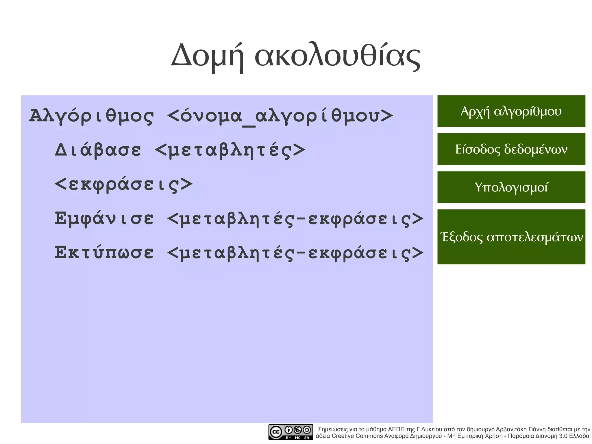 Δομή ακολουθίας
Αλγόριθμος <όνομα_αλγορίθμου>                                              Αρχή αλγορίθμου

 Διάβασε <μεταβλητές>                                                    Είσοδος δεδομένων

 <εκφράσεις>                                                                    Υπολογισμοί

 Εμφάνισε <μεταβλητές-εκφράσεις>
                                                                   Έξοδος αποτελεσμάτων
 Εκτύπωσε <μεταβλητές-εκφράσεις>




                         Σημειώσεις για το μάθημα ΑΕΠΠ της Γ Λυκείου από τον δημιουργό Αρβανιτάκη Γιάννη διατίθεται με την
                        άδεια Creative Commons Αναφορά Δημιουργού - Μη Εμπορική Χρήση - Παρόμοια Διανομή 3.0 Ελλάδα .
 