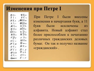 Изменения при Петре I
          При Петре I были внесены
          изменения в начертания букв, а 11
          букв    были    исключены      из
          алфавита. Новый алфавит стал
          более приспособлен к печатанию
          различных гражданских деловых
          бумаг. Он так и получил название
          «гражданский» .
 