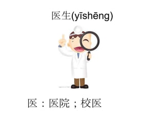 医生(yīshēng)




医：医院；校医
 