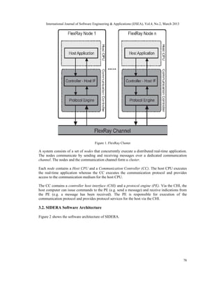 International Journal of Software Engineering & Applications (IJSEA), Vol.4, No.2, March 2013




                                      Figure 1. FlexRay Cluster

A system consists of a set of nodes that concurrently execute a distributed real-time application.
The nodes communicate by sending and receiving messages over a dedicated communication
channel. The nodes and the communication channel form a cluster.

Each node contains a Host CPU and a Communication Controller (CC). The host CPU executes
the real-time application whereas the CC executes the communication protocol and provides
access to the communication medium for the host CPU.

The CC contains a controller host interface (CHI) and a protocol engine (PE). Via the CHI, the
host computer can issue commands to the PE (e.g. send a message) and receive indications from
the PE (e.g. a message has been received). The PE is responsible for execution of the
communication protocol and provides protocol services for the host via the CHI.

3.2. SIDERA Software Architecture

Figure 2 shows the software architecture of SIDERA.




                                                                                                    78
 