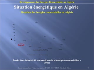 Développement des Energies Renouvelables en Algérie

      Situation énergétique en Algérie
                  Situation des énergies renouvelables en Algérie


                                                134,2
    140

    120

    100

     80                          47,5

     60
                                                                  32,6
      40
                                                                                   19,5
W




                                                                                                    16,3
o
h
n
u
d
p
e
T
E
y




                                        15
c
r
t
)
(
i
l




      20                 0,177
                                                           0                 4,3
          0
                                                                                            0,223
               Algeria
                                    Egypt
                                                        Libya
                                                                         Morocco
                                                                                          Tunisia
                                             Countries of North Africa


                                 Total renewable        Total conventional




    Production d’électricité (conventionnelle et énergies renouvelables –
                                    2010)

              Energie solaire au Maroc – Enjeux et perspectives. 2ème SIES – 13/14/02/2013 – Marrakech - Maroc   10
 