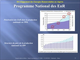 Développement des Energies Renouvelables en Algérie

           Programme National des EnR


Pénétration des EnR dans la production
          nationale en TWh




Structure du parc de la production
        nationale en MW




             Energie solaire au Maroc – Enjeux et perspectives. 2ème SIES – 13/14/02/2013 – Marrakech - Maroc   21
 