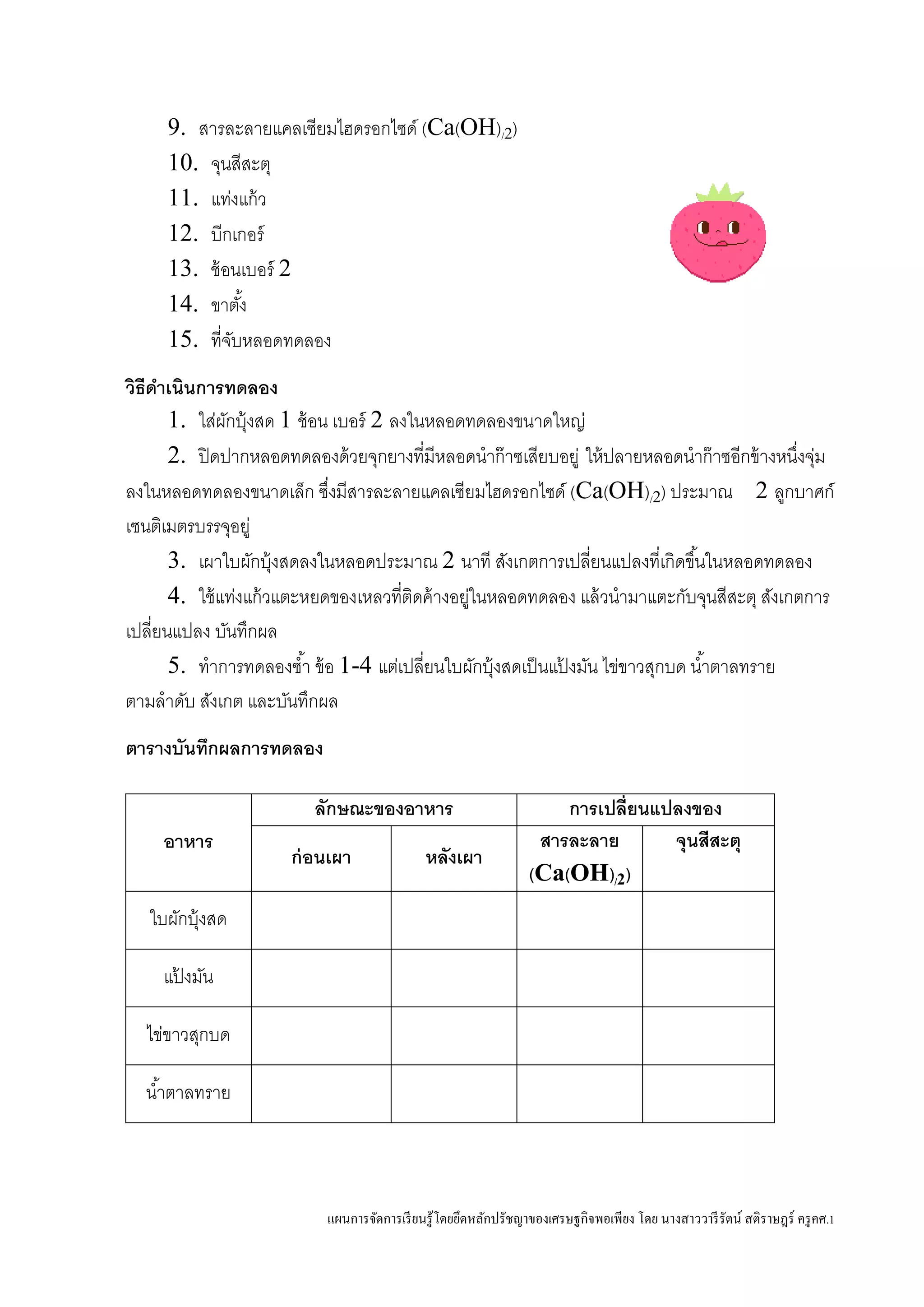 แผนการจัดการเรียนรู้โดยยึดหลักปรัชญาของเศรษฐกิจพอเพียง โดย นางสาววารีรัตน์ สติราษฎร์ ครูคศ.1
9. สารละลายแคลเซียมไฮดรอกไซด์ (Ca(OH)/2)
10. จุนสีสะตุ
11. แท่งแก้ว
12. บีกเกอร์
13. ช้อนเบอร์ 2
14. ขาตั้ง
15. ที่จับหลอดทดลอง
วิธีดาเนินการทดลอง
1. ใส่ผักบุ้งสด 1 ช้อน เบอร์ 2 ลงในหลอดทดลองขนาดใหญ่
2. ปิดปากหลอดทดลองด้วยจุกยางที่มีหลอดนาก๊าซเสียบอยู่ ให้ปลายหลอดนาก๊าซอีกข้างหนึ่งจุ่ม
ลงในหลอดทดลองขนาดเล็ก ซึ่งมีสารละลายแคลเซียมไฮดรอกไซด์ (Ca(OH)/2) ประมาณ 2 ลูกบาศก์
เซนติเมตรบรรจุอยู่
3. เผาใบผักบุ้งสดลงในหลอดประมาณ 2 นาที สังเกตการเปลี่ยนแปลงที่เกิดขึ้นในหลอดทดลอง
4. ใช้แท่งแก้วแตะหยดของเหลวที่ติดค้างอยู่ในหลอดทดลอง แล้วนามาแตะกับจุนสีสะตุ สังเกตการ
เปลี่ยนแปลง บันทึกผล
5. ทาการทดลองซ้า ข้อ 1-4 แต่เปลี่ยนใบผักบุ้งสดเป็นแป้ งมัน ไข่ขาวสุกบด น้าตาลทราย
ตามลาดับ สังเกต และบันทึกผล
ตารางบันทึกผลการทดลอง
อาหาร
ลักษณะของอาหาร การเปลี่ยนแปลงของ
ก่อนเผา หลังเผา
สารละลาย
(Ca(OH)/2)
จุนสีสะตุ
ใบผักบุ้งสด
แป้ งมัน
ไข่ขาวสุกบด
น้าตาลทราย
 