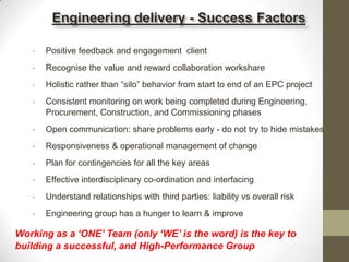 Engineering delivery - Success Factors
• Positive feedback and engagement client
• Recognise the value and reward collaboration workshare
• Holistic rather than “silo” behavior from start to end of an EPC project
• Consistent monitoring on work being completed during Engineering,
Procurement, Construction, and Commissioning phases
• Open communication: share problems early - do not try to hide mistakes
• Responsiveness & operational management of change
• Plan for contingencies for all the key areas
• Effective interdisciplinary co-ordination and interfacing
• Understand relationships with third parties: liability vs overall risk
• Engineering group has a hunger to learn & improve
Working as a ‘ONE’ Team (only ‘WE’ is the word) is the key to
building a successful, and High-Performance Group
 