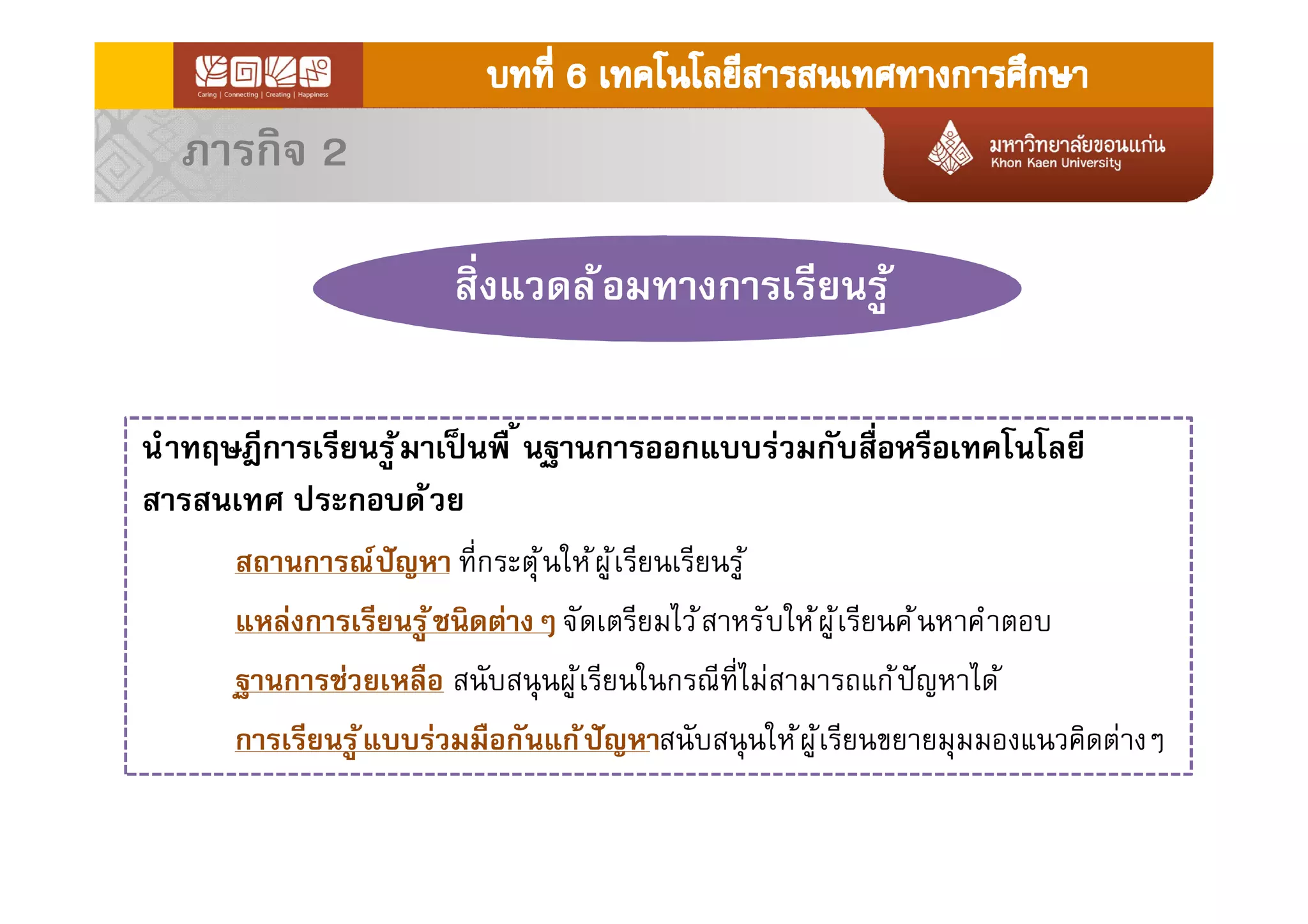 ภารกิจ 2
สิงแวดล้อมทางการเรียนรู้
นําทฤษฎีการเรียนรู้มาเป็ นพื นฐานการออกแบบร่วมกับสือหรือเทคโนโลยี
สารสนเทศ ประกอบด้วย
สถานการณ์ปัญหา ทีกระตุ้นให้ผู้เรียนเรียนรู้
แหล่งการเรียนรู้ชนิดต่างๆจัดเตรียมไว้สาหรับให้ผู้เรียนค้นหาคําตอบ
ฐานการช่วยเหลือ สนับสนุนผู้เรียนในกรณีทีไม่สามารถแก้ปัญหาได้
การเรียนรู้แบบร่วมมือกันแก้ปัญหาสนับสนุนให้ผู้เรียนขยายมุมมองแนวคิดต่างๆ
 