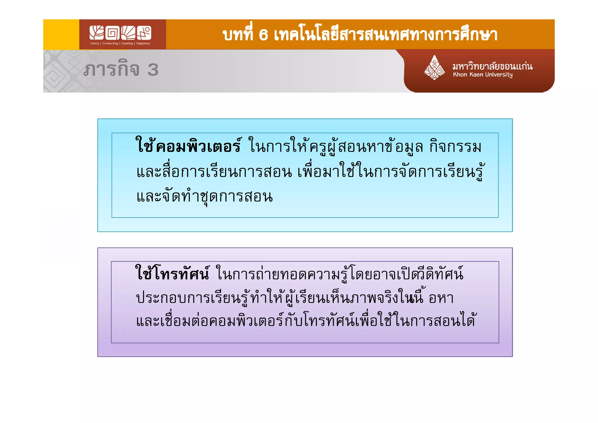 ภารกิจ 3
ใช้คอมพิวเตอร์ ในการให้ครูผู้สอนหาข้อมูล กิจกรรม
และสือการเรียนการสอน เพือมาใช้ในการจัดการเรียนรู้
และจัดทําชุดการสอน
ใช้คอมพิวเตอร์ ในการให้ครูผู้สอนหาข้อมูล กิจกรรม
และสือการเรียนการสอน เพือมาใช้ในการจัดการเรียนรู้
และจัดทําชุดการสอน
ใช้โทรทัศน์ ในการถ่ายทอดความรู้โดยอาจเปิดวีดิทัศน์
ประกอบการเรียนรู้ทําให้ผู้เรียนเห็นภาพจริงในเนื อหา
และเชือมต่อคอมพิวเตอร์กับโทรทัศน์เพือใช้ในการสอนได้
ใช้โทรทัศน์ ในการถ่ายทอดความรู้โดยอาจเปิดวีดิทัศน์
ประกอบการเรียนรู้ทําให้ผู้เรียนเห็นภาพจริงในเนื อหา
และเชือมต่อคอมพิวเตอร์กับโทรทัศน์เพือใช้ในการสอนได้
 
