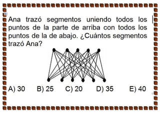 Ana trazó segmentos uniendo todos los
puntos de la parte de arriba con todos los
puntos de la de abajo. ¿Cuántos segmentos
trazó Ana?
A) 30 B) 25 C) 20 D) 35 E) 40
 