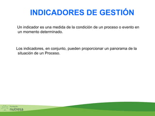 INDICADORES DE GESTIÓN
Un indicador es una medida de la condición de un proceso o evento en
un momento determinado.
Los indicadores, en conjunto, pueden proporcionar un panorama de la
situación de un Proceso.
 