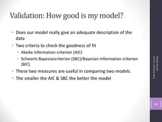 Validation: How good is my model?
• Does our model really give an adequate description of the
data
• Two criteria to check the goodness of fit
• Akaike information criterion (AIC)
• Schwartz Bayesiancriterion (SBC)/Bayesian information criterion
(BIC).
• These two measures are useful in comparing two models.
• The smaller the AIC & SBC the better the model
DataAnalysisCourse
VenkatReddy
62
 