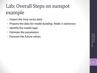 Lab: Overall Steps on sunspot
example
• Import the time series data
• Prepare the data for model building- Make it stationary
• Identify the model type
• Estimate the parameters
• Forecast the future values
DataAnalysisCourse
VenkatReddy
64
 