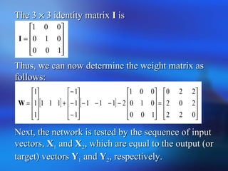 The 3The 3 ×× 3 identity matrix3 identity matrix II isis
Thus, we can now determine the weight matrix asThus, we can now determine the weight matrix as
follows:follows:
Next, the network is tested by the sequence of inputNext, the network is tested by the sequence of input
vectors,vectors, XX11 andand XX22, which are equal to the output (or, which are equal to the output (or
target) vectorstarget) vectors YY11 andand YY22, respectively., respectively.










=
100
010
001
I
[ ] [ ]










−−−−










−
−
−
+










=
100
010
001
2111
1
1
1
111
1
1
1
W










=
022
202
220
 