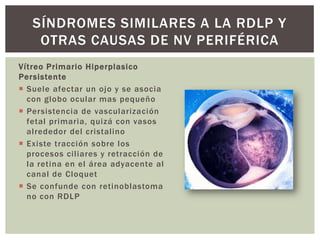 Vítreo Primario Hiperplasico
Persistente
 Suele afectar un ojo y se asocia
con globo ocular mas pequeño
 Persistencia de vascularización
fetal primaria, quizá con vasos
alrededor del cristalino
 Existe tracción sobre los
procesos ciliares y retracción de
la retina en el área adyacente al
canal de Cloquet
 Se confunde con retinoblastoma
no con RDLP
SÍNDROMES SIMILARES A LA RDLP Y
OTRAS CAUSAS DE NV PERIFÉRICA
 