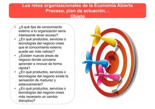 •  ¿A qué tipo de conocimiento
externo a tu organización sería
interesante tener acceso?
•  ¿En qué productos, servicios o
tecnologías del negocio crees
que el conocimiento externo
puede ser más valioso?
•  ¿Existen nuevas áreas de
negocio donde conviene
aprender e innovar de forma
rápida?
•  ¿En qué productos, servicios o
tecnologías del negocio existe la
sensación de madurez y
estancamiento?
•  ¿En qué productos, servicios o
tecnologías del negocio crees
más necesario un cambio
disruptivo?
Los retos organizacionales de la Economía Abierta
Proceso, plan de actuación…
Objeto
 