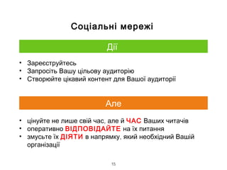Соціальні мережі
15
• Зареєструйтесь
• Запросіть Вашу цільову аудиторію
• Створюйте цікавий контент для Вашої аудиторії
• ,цінуйте не лише свій час але й ЧАС Ваших читачів
• оперативно ВІДПОВІДАЙТЕ на їх питання
• змусьте їх ДІЯТИ ,в напрямку який необхідний Вашій
організації
Дії
Але
 