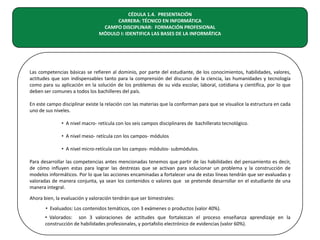 CÉDULA 1.4. PRESENTACIÓN
CARRERA: TÉCNICO EN INFORMÁTICA
CAMPO DISCIPLINAR: FORMACIÓN PROFESIONAL
MÓDULO I: IDENTIFICA LAS BASES DE LA INFORMÁTICA

Las competencias básicas se refieren al dominio, por parte del estudiante, de los conocimientos, habilidades, valores,
actitudes que son indispensables tanto para la comprensión del discurso de la ciencia, las humanidades y tecnología
como para su aplicación en la solución de los problemas de su vida escolar, laboral, cotidiana y científica, por lo que
deben ser comunes a todos los bachilleres del país.
En este campo disciplinar existe la relación con las materias que la conforman para que se visualice la estructura en cada
uno de sus niveles.
• A nivel macro- retícula con los seis campos disciplinares de bachillerato tecnológico.
• A nivel meso- retícula con los campos- módulos
• A nivel micro-retícula con los campos- módulos- submódulos.
Para desarrollar las competencias antes mencionadas tenemos que partir de las habilidades del pensamiento es decir,
de cómo influyen estas para lograr las destrezas que se activan para solucionar un problema y la construcción de
modelos informáticos. Por lo que las acciones encaminadas a fortalecer una de estas líneas tendrán que ser evaluadas y
valoradas de manera conjunta, ya sean los contenidos o valores que se pretende desarrollar en el estudiante de una
manera integral.
Ahora bien, la evaluación y valoración tendrán que ser bimestrales:
• Evaluados: Los contenidos temáticos, con 3 exámenes o productos (valor 40%).
• Valorados: son 3 valoraciones de actitudes que fortalezcan el proceso enseñanza aprendizaje en la
construcción de habilidades profesionales, y portafolio electrónico de evidencias (valor 60%).

 