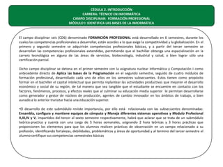 CÉDULA 2. INTRODUCCIÓN
CARRERA: TÉCNICO EN INFORMÁTICA
CAMPO DISCIPLINAR: FORMACIÓN PROFESIONAL
MÓDULO I: IDENTIFICA LAS BASES DE LA INFORMÁTICA

El campo disciplinar seis (CD6) denominado FORMACIÓN PROFESIONAL está desarrollado en 6 semestres, durante los
cuales las competencias profesionales a desarrollar, están acordes a lo que exige la competitividad y la globalización. En el
primero y segundo semestre se adquirirán competencias profesionales básicas, y a partir del tercer semestre se
desarrollan las competencias profesionales extendidas, permitiendo que el bachiller obtenga una especialización en la
carrera tecnológica en alguna de las áreas de servicios, biotecnología, industrial y salud, o bien lograr sólo una
certificación parcial.
Dicho campo disciplinar se detona en el primer semestre con la asignatura nuclear Informática y Computación I como
antecedente directo de Aplica las bases de la Programación en el segundo semestre, seguido de cuatro módulos de
formación profesional, desarrollado cada uno de ellos en los semestres subsecuentes. Estos tienen como propósito
formar en el bachiller el capital intelectual que permita replantear las actividades productivas que mejoren el desarrollo
económico y social de su región, de tal manera que sea tangible que el estudiante se encuentre en contacto con los
factores, fenómenos, procesos, y efectos reales que al culminar su educación media superior le permitan desarrollarse
como generador y gestor de núcleos de producción, agentes de cambio innovador en los ámbitos de trabajo, o bien
aunado a lo anterior transitar hacia una educación superior.
•El desarrollo de este submódulo reviste importancia, por ello está relacionada con las subsecuentes denominadas:
Ensambla, configura y mantiene equipos de cómputo y Maneja diferentes sistemas operativos y Modulo Profesional
II,III,IV y V, impartidos del tercer al sexto semestre respectivamente, habrá que aclarar que se trata de un submódulo
teórico-practico y cuenta con una carga de 5 horas semanales, asignando 2 hora teóricas y 3 horas practicas que
proporcionen los elementos para que los alumnos realicen prácticas de observación en un campo relacionado a su
profesión, identificando fortalezas, debilidades, problemáticas y áreas de oportunidad y al termino del tercer semestre el
alumno certifique sus competencias semestrales básicas

 