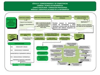 CÉDULA 4. CORRESPONDENCIA DE COMPETENCIAS
CARRERA: TÉCNICO EN INFORMÁTICA
CAMPO DISCIPLINAR: FORMACIÓN PROFESIONAL
MÓDULO I: IDENTIFICA LAS BASES DE LA INFORMÁTICA

Construcción de una
cadena de
competencias en
alineamiento federal
e institucional

ARREGLO DE ORDEN
MACRO
COMPETENCIAS
GENÉRICAS

-Trabaja de Forma Colaborativa
-Participa con responsabilidad en la
Sociedad

APLICA Y GENERA UN BIEN O
SERVICIO
DESARROLLA UNA ACTITUD
EMPRENDEDORA

COMPETENCIAS PROFESIONAL
EXTENDIDAS

COMPETENCIA PROFESIONAL BÁSICA

COMPETENCIA GENÉRICA

TIENE LA CAPACIDAD DE ANALISIS
PARA LA TOMA DE DECISIONES EN
LA INTERPRETACIÓN DE
INSTRUCCIONES QUE GENERAN
RESULTADOS

DISEÑA ESTRATEGIAS DE
SOLUCION

RESPUESTA

Permiten conocer la terminología,
emplear las herramientas y tomar Modelar y resolver problemas
decisiones y juicios sobre las diferentes por medio de una computadora
opciones para elaborar programas por
medio de una computadora

MODIFICA E INNOVA SISTEMAS,
PROCEDIMIENTOS, MÉTODOS, ARTEFACTOS O
DISPOSITIVOS TECNOLÓGICOS

ORDENA, PROCESA
INFORMACIÓN CIENTÍFICA

DEFINE Y MANEJA
CARACTERÍSTICAS TÉCNICAS

DESARROLLA VALORES
SOCIALES

MODELO DE ENSENAÑZA
DIRECTA

CIENCIAS SOCIALES Y HUMANIDADES
MATEMÁTICAS Y RAZONAMIENTO COMPLEJO
CIENCIAS NATURALES Y EXPERIMENTALES
COMPONENTES COGNITIVOS Y HABILIDADES
DEL PENSAMIENTO

CAMPO DISCIPLINAR DE COMPETENCIAS
PROFESIONALES

MODELO DE APRENDIZAJE
SITUADO EN LA INDAGACIÓN
MODELO DE APRENDIZAJE POR
MÉTODO DE PROYECTOS

MODELO DE EVALUACIÓN Y
VALORACIÓN

MODELO DE ENSEÑANZA
MEDIANTE LA
EXPERIMENTACION

LOGRO DEL PERFIL
PROFESIONAL DEL
ESTUDIANTE

IDENTIFICA Y DISCUTE
PROCEDIMIENTOS PROPIOS
DE APLICACIÓN

CAMPOS DISCIPLINARES
COMUNICACIÓN Y LENGUAJE

RESULTADO DE APRENDIZAJE QUE
GENERA ESTA CADENA

MODELO DE APRENDIZAJE POR
MÉTODOS DE ESTUDIOS DE
CASO

MODELO DE APRENDIZAJE
SITUADO EN PROCESOS
INDUCTIVOS
MODELO SITUADO EN LA
ADQUISICIÓN DE CONCEPTOS

CONTENEDOR DE MODELOS
DE APRENDIZAJE BASADOS
EN COMPETENCIAS
GENÉRICAS, DISCIPLINARES
Y PROFESIONALES

MODELO DE APRENDIZAJE POR
MÉTODO EXPERIMENTAL
MODELO SITUADO EN LA
COLABORACIÓN

MODELO BASADO EN LA
INTEGRACIÓN DE
CONOCIMIENTOS
MODELO DE ENSEÑANZA
DIRECTA
MODELO BASADO EN LA
EXPOSICIÓN Y DISCUSIÓN

MODELO BASADO EN LA
INVESTIGACIÓN

 