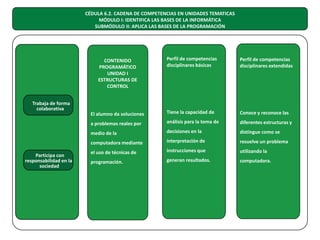 CÉDULA 6.2. CADENA DE COMPETENCIAS EN UNIDADES TEMATICAS
MÓDULO I: IDENTIFICA LAS BASES DE LA INFORMÁTICA
SUBMÓDULO II: APLICA LAS BASES DE LA PROGRAMACIÓN

Se expresa y se
comunica

Trabaja de forma
colaborativa
Piensa crítica y
reflexivamente

Aprende de forma
autónoma

Participa con
responsabilidad en la
sociedad
Trabaja de forma
colaborativa

Participa con
responsabilidad en la
sociedad

CONTENIDO
PROGRAMÁTICO
UNIDAD I
ESTRUCTURAS DE
CONTROL

Perfil de competencias
disciplinares básicas

Perfil de competencias
disciplinares extendidas

El alumno da soluciones

Tiene la capacidad de

Conoce y reconoce las

a problemas reales por

análisis para la toma de

diferentes estructuras y

medio de la

Se autodetermina y
cuida de si

decisiones en la

distingue como se

computadora mediante

interpretación de

resuelve un problema

el uso de técnicas de

instrucciones que

utilizando la

programación.

generan resultados.

computadora.

 
