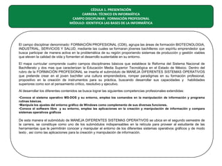 CÉDULA 1. PRESENTACIÓN
CARRERA: TÉCNICO EN INFORMÁTICA
CAMPO DISCIPLINAR: FORMACIÓN PROFESIONAL
MÓDULO: IDENTIFICA LAS BASES DE LA INFORMÁTICA

El campo disciplinar denominado: FORMACIÓN PROFESIONAL (CD6), agrupa las áreas de formación BIOTECNOLOGIA,
INDUSTRIAL, SERVICIOS Y SALUD, mediante las cuales se formaran jóvenes bachilleres con espíritu emprendedor que
busca participar de manera activa en la problemática de su región proponiendo sistemas de producción y gestión viables
que eleven la calidad de vida y fomenten el desarrollo sustentable en su entorno.
El mapa curricular comprende cuatro campos disciplinares básicos que establece la Reforma del Sistema Nacional de
Bachillerato y dos mas que caracterizan la Educación Media Superior Tecnológica en el Estado de México. Dentro del
rubro de la FORMACIÓN PROFESIONAL se inserta el submódulo de MANEJA DIFERENTES SISTEMAS OPERATIVOS
que pretende crear en el joven bachiller una cultura emprendedora, romper paradigmas en su formación profesional,
propositivo en la creación de instrumentos para su práctica, buscando desarrollar sus capacidades y habilidades
superiores como son el pensamiento crítico, resolutivo y ejecutivo.
Al desarrollar los diferentes contenidos se busca lograr las siguientes competencias profesionales extendidas:
•Conoce el sistema operativo MS-DOS y su entorno, emplea los comandos en la manipulación de información y programa
rutinas básicas.
•Manipula los ajustes del entorno gráfico de Windows como complemento de sus diversas funciones.
•Conoce el software libre y su entorno, emplea las aplicaciones en la creación y manipulación de información y compara
sistemas operativos gráficos

De esta manera el submódulo de MANEJA DIFERENTES SISTEMAS OPERATIVOS se ubica en el segundo semestre de
la carrera, se constituye como uno de los submódulos indispensables en la retícula para proveer al estudiante de las
herramientas que le permitirán conocer y manipular el entorno de los diferentes sistemas operativos gráficos y de modo
texto , así como las aplicaciones para la creación y manipulación de información.

 