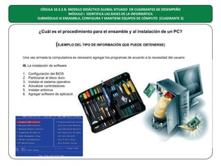 CÉDULA 10.2.2.B. MODELO DIDÁCTICO GLOBAL SITUADO EN CUADRANTES DE DESEMPEÑO
MÓDULO I IDENTIFICA LAS BASES DE LA INFORMÁTICA
SUBMÓDULO III ENSAMBLA, CONFIGURA Y MANTIENE EQUIPOS DE CÓMPUTO (CUADRANTE 3)

¿Cuál es el procedimiento para el ensamble y al instalación de un PC?

(EJEMPLO DEL TIPO DE INFORMACIÓN QUE PUEDE OBTENERSE)
Una vez armada la computadora es necesario agregar los programas de acuerdo a la necesidad del usuario
III. La instalación de software
1.
2.
3.
4.
5.
6.

Configuración del BIOS
Particionar el disco duro
Instalar el sistema operativo
Actualizar controladores
Instalar antivirus
Agregar software de aplicación

 