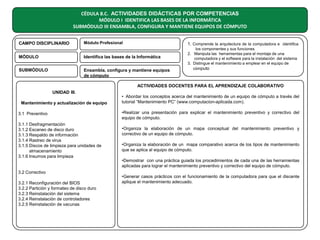 CÉDULA 8.C. ACTIVIDADES DIDÁCTICAS POR COMPETENCIAS
MÓDULO I IDENTIFICA LAS BASES DE LA INFORMÁTICA
SUBMÓDULO III ENSAMBLA, CONFIGURA Y MANTIENE EQUIPOS DE CÓMPUTO
Módulo Profesional

1. Comprende la arquitectura de la computadora e identifica

MÓDULO

Identifica las bases de la Informática

SUBMÓDULO

Ensambla, configura y mantiene equipos
de cómputo

los componentes y sus funciones
2. Manipula las herramientas para el montaje de una
computadora y el software para la instalación del sistema
3. Distingue el mantenimiento a emplear en el equipo de
cómputo

CAMPO DISCIPLINARIO

ACTIVIDADES DOCENTES PARA EL APRENDIZAJE COLABORATIVO
UNIDAD III.
Mantenimiento y actualización de equipo
3.1 Preventivo
3.1.1 Desfragmentación
3.1.2 Escaneo de disco duro
3.1.3 Respaldo de información
3.1.4 Rastreo de virus
3.1.5 Discos de limpieza para unidades de
almacenamiento
3.1.6 Insumos para limpieza

• Abordar los conceptos acerca del mantenimiento de un equipo de cómputo a través del
tutorial “Mantenimiento PC” (www.computacion-aplicada.com).
•Realizar una presentación para explicar el mantenimiento preventivo y correctivo del
equipo de cómputo.
•Organiza la elaboración de un mapa conceptual del mantenimiento preventivo y
correctivo de un equipo de cómputo.
•Organiza la elaboración de un mapa comparativo acerca de los tipos de mantenimiento
que se aplica al equipo de cómputo.
•Demostrar con una práctica guiada los procedimientos de cada una de las herramientas
aplicadas para lograr el mantenimiento preventivo y correctivo del equipo de cómputo.

3.2 Correctivo
3.2.1 Reconfiguración del BIOS
3.2.2 Partición y formateo de disco duro
3.2.3 Reinstalación del sistema
3.2.4 Reinstalación de controladores
3.2.5 Reinstalación de vacunas

•Generar casos prácticos con el funcionamiento de la computadora para que el discente
aplique el mantenimiento adecuado.

 