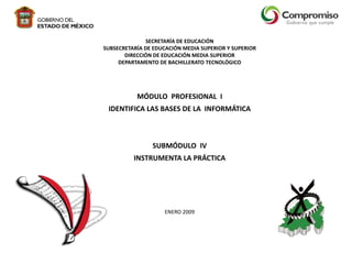 SECRETARÍA DE EDUCACIÓN
SUBSECRETARÍA DE EDUCACIÓN MEDIA SUPERIOR Y SUPERIOR
DIRECCIÓN DE EDUCACIÓN MEDIA SUPERIOR
DEPARTAMENTO DE BACHILLERATO TECNOLÓGICO

MÓDULO PROFESIONAL I
IDENTIFICA LAS BASES DE LA INFORMÁTICA

SUBMÓDULO IV
INSTRUMENTA LA PRÁCTICA

ENERO 2009

 