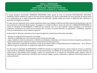 CÉDULA 1. PRESENTACIÓN
CARRERA: TÉCNICO EN INFORMÁTICA
CAMPO DISCIPLINAR: FORMACIÓN PROFESIONAL
MÓDULO I: IDENTIFICA LAS BASES DE LA INFORMÁTICA
El campo disciplinar denominado: FORMACIÓN PROFESIONAL (CD6), agrupa las áreas de formación BIOTECNOLOGÍA, INDUSTRIAL,
SERVICIOS Y SALUD, mediante las cuales se formaran jóvenes bachilleres con espíritu emprendedor que busca participar de manera activa
en la problemática de su región proponiendo sistemas de producción y gestión viables que eleven la calidad de vida y fomenten el
desarrollo sustentable en su entorno.
El mapa curricular comprende cuatro campos disciplinares básicos que establece la Reforma del Sistema Nacional de Bachillerato y dos mas
que caracterizan la Educación Media Superior Tecnológica en el Estado de México. Dentro del rubro de la FORMACIÓN PROFESIONAL se
inserta el submódulo de INSTRUMENTA LA PRÁCTICA que pretende crear en el joven bachiller romper paradigmas en su formación
profesional, propositivo en la creación de instrumentos para su práctica, buscando desarrollar sus capacidades y habilidades superiores
como son el pensamiento crítico, resolutivo y ejecutivo.
Al desarrollar los diferentes contenidos se busca lograr las siguientes competencias profesionales extendidas:
· Reconoce su campo de acción propio de su tecnología.
· Identifica las habilidades que le son necesarias para el manejo de la tecnología.
· Logra, mediante las visitas de observación, e identifica las actividades a desarrollar, en el transcurso de estas, los aspectos que debe llevar
la guía de observación para redactarla y mejorar el desarrollo de las visitas posteriores.
· Aplica y demuestra la capacidad de innovación a través de una actitud creativa y emprendedora para la transformación de su actitud, al
redactar una guía de observación, su competencia, organización y evaluación.
De esta manera el submódulo de INSTRUMENTA LA PRÁCTICA ubicada en el segundo semestre y común a todas las carreras, se constituye
como una de los submódulos indispensables en la retícula para proveer al estudiante de las herramientas que le permitan fomentar una
actitud crítica y emprendedora para investigar y aplicar sus conocimientos en la creación de instrumentos, guías, reportes, fichas de
observación de campo, cuestionarios, entrevistas, que le permitan indagar, recopilar, sistematizar, y organizar la información propia de su
campo profesional.

 