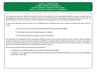 CÉDULA 1.4. PRESENTACIÓN
CARRERA: TÉCNICO EN INFORMÁTICA
CAMPO DISCIPLINAR: FORMACIÓN PROFESIONAL
MÓDULO I: IDENTIFICA LAS BASES DE LA INFORMÁTICA

Las competencias básicas se refieren al dominio, por parte del estudiante, de los conocimientos, habilidades, valores, actitudes que son
indispensables tanto para la comprensión del discurso de la ciencia, las humanidades y tecnología como para su aplicación en la solución de
los problemas de su vida escolar, laboral, cotidiana y científica, por lo que deben ser comunes a todos los bachilleres del país.
En este campo disciplinar existe la relación con los submódulos que la conforman para que se visualice la estructura en cada uno de sus
niveles.
• A nivel macro- retícula con los seis campos disciplinares de bachillerato tecnológico.
• A nivel meso- retícula con los campos- asignatura - módulos
• A nivel micro-retícula con los campos- módulos - submódulos.
Para desarrollar las competencias antes mencionadas tenemos que partir de los procesos técnicos es decir, de cómo influye el lenguaje
temático, las destrezas que se activan para solucionar un problema y la construcción de modelos de escenarios de solución. Por lo que las
acciones encaminadas a fortalecer una de estas líneas tendrán que ser evaluadas y valoradas de manera conjunta, ya sean los contenidos o
valores que se pretende desarrollar en el estudiante de una manera integral.
Ahora bien, la evaluación y valoración tendrá que ser bimestrales:
• Evaluados: Los contenidos temáticos, con 3 exámenes o productos (valor 40%).
• Valorados: son 3 valoraciones de actitudes que fortalezcan el proceso enseñanza aprendizaje en la construcción de habilidades
profesionales ,(valor 60%).

 