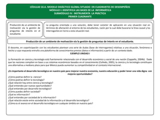 CÉDULA0 10.A. MODELO DIDÁCTICO GLOBAL SITUADO EN CUADRANTES DE DESEMPEÑOS
MÓDULO I: IDENTIFICA LAS BASES DE LA INFORMÁTICA
SUBMÓDULO IV: INSTRUMENTA LA PRÁCTICA
PRIMER CUADRANTE
Producción de un ambiente de
motivación vía la gestión de
preguntas de interés en el
estudiante.

La pregunta orientada a una solución, debe tener carácter de aplicación en una situación real en
términos de afectación al entorno de los estudiantes, razón por la cual debe buscarse la línea causal y los
interrogantes en torno a esta situación real.

Producción de un ambiente de motivación vía la gestión de preguntas de interés en el estudiante.
El docente, en coparticipación con los estudiantes plantean una serie de dudas (base de interrogantes) relativas a una situación, fenómeno o
hecho y cuya respuesta entraña una plataforma de conocimientos previos (datos e información) a partir de un contexto dado.
EJEMPLO UNIDAD I
La formación en ciencia y tecnología está fuertemente relacionada con el desarrollo económico y social de una nación (Cappello, 2004b). Dado
que las naciones compiten en base a sus sistemas económicos basados en el conocimiento (Cañedo, 2005), la ciencia y la tecnología constituyen
una alternativa a mediano plazo para que México pueda aumentar su competitividad en el contexto internacional.
¿Es importante el desarrollo tecnológico en nuestro país para mejorar nuestra economía, nuestra educación y poder tener una vida digna con
mejores oportunidades?
¿Cómo podrías definir la ciencia?
¿Cómo podrías definir la tecnología?
¿Qué relación hay entre ciencia y tecnología?
¿Qué entiendes por nuevas oportunidades?
¿Qué entiendes por desarrollo tecnológico?
¿Cómo puedes definir sociedad?
¿Qué es información?
¿Qué entiendes por sociedad de la información?
¿Qué relación existe entre sociedad de la información y el desarrollo tecnológico?
¿Cómo es el avance en el desarrollo tecnológico en cualquier ámbito en nuestro país?

 