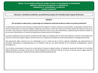 CÉDULA 10.4.B. MODELO DIDÁCTICO GLOBAL SITUADO EN CUADRANTES DE DESEMPEÑOS
MÓDULO I: IDENTIFICA LAS BASES DE LA INFORMÁTICA
SUBMÓDULO IV: INSTRUMENTA LA PRÁCTICA
QUINTO CUADRANTE
Solucionar el problema acudiendo a procedimientos propios de la disciplina bajo el apoyo del docente.
UNIDAD II.
¿Por qué aplicar la observación, si puedo elegir otro método de recolección de datos al realizar una práctica profesional?
La observación es para los seres humanos el modo natural de explorar el mundo y acercarse al conocimiento. La observación requiere de un
ejercicio de voluntad y una intención dirigida al objeto de conocimiento, es decir que cada uno de nosotros decide qué observar y por qué lo
va a hacer. Ésta consiste en captar de manera visual el fenómeno, hecho o caso, tomar información y registrarla para su posterior análisis. Es
por eso que la observación es un elemento fundamental en todo proceso de investigación.
La práctica profesional acerca al alumno al ámbito real de trabajo, sin embargo antes de iniciar estas prácticas, el alumno ha de observar las
áreas de su interés para elegir el lugar en donde ha de iniciar su experiencia profesional a través de una práctica o investigación de campo.
Esta observación debe realizarse con una metodología ya que a través de ella el alumno adquiere habilidades que posteriormente le
permitirán desempeñarse competitivamente en un ambiente cada vez mas difícil derivado de los fenómenos de globalización, avance
tecnológico, etc.
Si es el primer acercamiento a lo que será su vida laboral, el alumno no debería utilizar un método de recolección de datos en el cual deba
aplicar entrevistas o encuestas, ya que aún no conoce ampliamente el campo de acción de su carrera, es por esto que se sugiere utilizar el
método de observación para realizar la primera visita al ambiente profesional real.

 