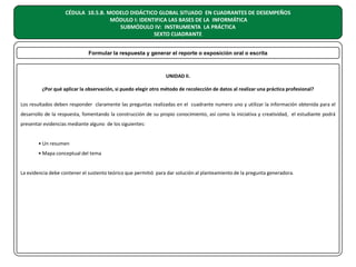 CÉDULA 10.5.B. MODELO DIDÁCTICO GLOBAL SITUADO EN CUADRANTES DE DESEMPEÑOS
MÓDULO I: IDENTIFICA LAS BASES DE LA INFORMÁTICA
SUBMÓDULO IV: INSTRUMENTA LA PRÁCTICA
SEXTO CUADRANTE
Formular la respuesta y generar el reporte o exposición oral o escrita

UNIDAD II.
¿Por qué aplicar la observación, si puedo elegir otro método de recolección de datos al realizar una práctica profesional?
Los resultados deben responder claramente las preguntas realizadas en el cuadrante numero uno y utilizar la información obtenida para el
desarrollo de la respuesta, fomentando la construcción de su propio conocimiento, así como la iniciativa y creatividad, el estudiante podrá
presentar evidencias mediante alguno de los siguientes:
• Un resumen
• Mapa conceptual del tema
La evidencia debe contener el sustento teórico que permitió para dar solución al planteamiento de la pregunta generadora.

 