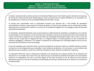 CÉDULA 7. ESTRUCTURA RETICULAR
MÓDULO I: IDENTIFICA LAS BASES DE LA INFORMÁTICA
SUBMÓDULO: MANEJA DIFERENTES SISTEMAS OPERATIVOS

El carácter institucional de la reforma prevista en el Estado de México para el nivel medio superior alineado a la responsiva
de la Dirección General de Educación Media Superior, prevé la presencia de los campos disciplinares y su vinculación con
las competencias, a través de una funcionalidad didáctica denominada: retícula.
La retícula está caracterizada como la componente funcional que relaciona dos o más estados de aprendizaje
representados en vértices y ramas propias de la teoría de grafos, así, tenemos por ejemplo, que un componente temático
etiquetado para la comprensión numérica, se vincula con la comprensión algebraica en una categoría mayor denominada
pensamiento matemático.
La reticulación, prevista formalmente, busca la secuenciación y ordenamiento de contenidos y competencias en un escalar
de aprendizajes en los estudiantes y en los docentes para robustecer escenarios de comprensión de los conocimientos de
manera constructiva y progresiva en tres capas de niveles de complejidad denominados niveles macro, meso y micro, de
manera tal que, al igual que un diagrama de flujo o un diagrama lógico, la retícula garantiza no solo la presencia de
andamios pedagógicos y didácticos, sino también la existencia de contenedores de morfología didáctica que va de una
estructura de conocimiento a otra más compleja.
Es por ello estratégico que el docente realice una lectura completa de la retícula en todas sus unidades temáticas y prevea
la existencia de las competencias que acompañan a tales temáticas disciplinarias. En esta lectura, la micro-retícula está
plateada para que el profesor, a partir de un perfil de competencias dado, añada las competencias respectivas.
Es importante determinar que las evaluaciones realizadas y las valoraciones por rúbricas partirán de los esquemas de
reticulación en sus niveles macro-meso-micro, de manera tal que la previsión de calidad buscará saber como el estudiante
relaciona una competencia con otra y sus líneas lógicas en que esta vinculación se da. Se intenta con esta posición
evaluatoria, potenciar el acto de la enseñanza y el aprendizaje por procesos característica de las retículas y sus secuencias
de ordenamiento.

 