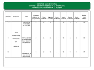 CÉDULA 13. CARGAS HORARIAS
MÓDULO I: IDENTIFICA LAS BASES DE LA INFORMÁTICA
SUBMÓDULO IV: INSTRUMENTA LA PRÁCTICA

Unidades

Escenarios

Temas

Actividad
didáctica por
Primer
Segundo
Tercer
Cuarto
Quinto
Sexto
competencias cuadrante cuadrante Cuadrante cuadrante cuadrante cuadrante

Tiempo
Total
en horas

PRÁCTICA DE
FORMACIÓN
PROFESIONAL

I

2

2

2

1

1

1

1

10

INSTRUMENTOS
DE OBSERVACIÓN
PARA RECABAR
INFORMACIÓN

2

2

1

3

2

1

2

13

3

2

2

3

2

2

3

17

AULA
ORGANIZACIÒN,
II

INSTITUCIÒN,
Y/O
EMPRESA

III
ELABORACION DE
UNA GUIA DE
OBSERVACION

 
