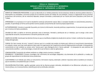 CÉDULA 14. TERMINOLOGÍA
MÓDULO I: IDENTIFICA LAS BASES DE LA INFORMÁTICA
SUBMÓDULO IV: INSTRUMENTA LA PRÁCTICA
ÁMBITO DE FORMACIÓN PROFESIONAL: es que se desarrolla en un ámbito productivo real (la empresa), donde los alumnos podrán observar y
desempeñar las actividades y funciones propias de los distintos puestos de trabajo de una profesión, conocer la organización de los procesos
productivos o de servicios y de las relaciones laborales, siempre orientados y asesorados por los Tutores del Centro Educativo y del Centro de
Trabajo.
APRENDIZAJE: es un proceso en el cual es estudiante construye activamente nuevas ideas o conceptos basados en conocimientos presentes y
pasados. El aprendizaje se forma construyendo nuestros propios conocimientos de nuestras propias experiencias.
AUTOAPRENDIZAJE: Consiste en aprender buscando uno mismo la información, haciendo prácticas o experimentos. A una persona que aprende
por sí misma se le llama autodidacta.
CALIDAD DE VIDA: se define en términos generales como el bienestar, felicidad y satisfacción de un individuo, que le otorga a éste cierta
capacidad de actuación, funcionamiento o sensación positiva de su vida.
CAMPO DE ACCIÓN: Constituyen las distintas formas en que se manifiesta el objeto de estudio de la carrera. Es decir, conforman los campos de
trabajo del egresado.
CIENCIA: (En latín scientia, de scire, ‘conocer’), término que en su sentido más amplio se emplea para referirse al conocimiento sistematizado
en cualquier campo, pero que suele aplicarse sobre todo a la organización de la experiencia sensorial objetivamente verificable. La búsqueda de
conocimiento en ese contexto se conoce como ‘ciencia pura’, para distinguirla de la ‘ciencia aplicada’ —la búsqueda de usos prácticos del
conocimiento científico— y de la tecnología, a través de la cual se llevan a cabo las aplicaciones.
COMUNICACIÓN: Transmición de señales mediante un código común al emisor y receptor.
DESARROLLO TECNOLÓGICO: Proceso cronológico del crecimiento de tecnologías adaptadas a las demandas de la población y creadas por
grupos de especialistas en las diferentes áreas productivas.
CUESTIONARIO: Es el método que utiliza un instrumento o formulario impreso, destinado a obtener repuestas sobre el problema en estudio y
que el investido o consultado llena por si mismo.
EDUCACIÓN MULTICULTURAL: significa aprender acerca de los diversos grupos culturales, ahondando en las diferencias culturales y, con el
mismo énfasis, en el reconocimiento e identificación de las similitudes culturales.

 