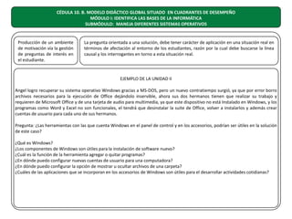 CÉDULA 10. B. MODELO DIDÁCTICO GLOBAL SITUADO EN CUADRANTES DE DESEMPEÑO
MÓDULO I: IDENTIFICA LAS BASES DE LA INFORMÁTICA
SUBMÓDULO: MANEJA DIFERENTES SISTEMAS OPERATIVOS

Producción de un ambiente
de motivación vía la gestión
de preguntas de interés en
el estudiante.

La pregunta orientada a una solución, debe tener carácter de aplicación en una situación real en
términos de afectación al entorno de los estudiantes, razón por la cual debe buscarse la línea
causal y los interrogantes en torno a esta situación real.

EJEMPLO DE LA UNIDAD II
Angel logro recuperar su sistema operativo Windows gracias a MS-DOS, pero un nuevo contratiempo surgió, ya que por error borro
archivos necesarios para la ejecución de Office dejándolo inservible, ahora sus dos hermanos tienen que realizar su trabajo y
requieren de Microsoft Office y de una tarjeta de audio para multimedia, ya que este dispositivo no está Instalado en Windows, y los
programas como Word y Excel no son funcionales, el tendrá que desinstalar la suite de Office, volver a instalarlos y además crear
cuentas de usuario para cada uno de sus hermanos.
Pregunta: ¿Las herramientas con las que cuenta Windows en el panel de control y en los accesorios, podrían ser útiles en la solución
de este caso?
¿Qué es Windows?
¿Los componentes de Windows son útiles para la instalación de software nuevo?
¿Cuál es la función de la herramienta agregar o quitar programas?
¿En dónde puedo configurar nuevas cuentas de usuario para una computadora?
¿En dónde puedo configurar la opción de mostrar u ocultar archivos de una carpeta?
¿Cuáles de las aplicaciones que se incorporan en los accesorios de Windows son útiles para el desarrollar actividades cotidianas?

 
