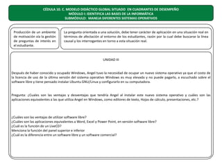 CÉDULA 10. C. MODELO DIDÁCTICO GLOBAL SITUADO EN CUADRANTES DE DESEMPEÑO
MÓDULO I: IDENTIFICA LAS BASES DE LA INFORMÁTICA
SUBMÓDULO: MANEJA DIFERENTES SISTEMAS OPERATIVOS

Producción de un ambiente
de motivación vía la gestión
de preguntas de interés en
el estudiante.

La pregunta orientada a una solución, debe tener carácter de aplicación en una situación real en
términos de afectación al entorno de los estudiantes, razón por la cual debe buscarse la línea
causal y los interrogantes en torno a esta situación real.

UNIDAD III
Después de haber conocido y ocupado Windows, Angel tuvo la necesidad de ocupar un nuevo sistema operativo ya que el costo de
la licencia de uso de la última versión del sistema operativo Windows es muy elevada y no puede pagarlo, a escuchado sobre el
software libre y tiene pensado instalar Ubuntu GNU/Linux y configurarlo en su computadora.
Pregunta: ¿Cuales son las ventajas y desventajas que tendría Angel al instalar este nuevo sistema operativo y cuáles son las
aplicaciones equivalentes a las que utiliza Angel en Windows, como editores de texto, Hojas de cálculo, presentaciones, etc.?

¿Cuáles son las ventajas de utilizar software libre?
¿Cuáles son las aplicaciones equivalentes a Word, Excel y Power Point, en versión software libre?
¿Cuál es la función de un LiveCD?
Menciona la función del panel superior e inferior
¿Cuál es la diferencia entre un software libre y un software comercial?

 