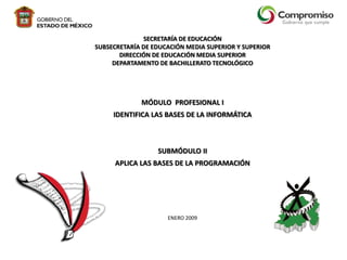 SECRETARÍA DE EDUCACIÓN
SUBSECRETARÍA DE EDUCACIÓN MEDIA SUPERIOR Y SUPERIOR
DIRECCIÓN DE EDUCACIÓN MEDIA SUPERIOR
DEPARTAMENTO DE BACHILLERATO TECNOLÓGICO

MÓDULO PROFESIONAL I
IDENTIFICA LAS BASES DE LA INFORMÁTICA

SUBMÓDULO II
APLICA LAS BASES DE LA PROGRAMACIÓN

ENERO 2009

 